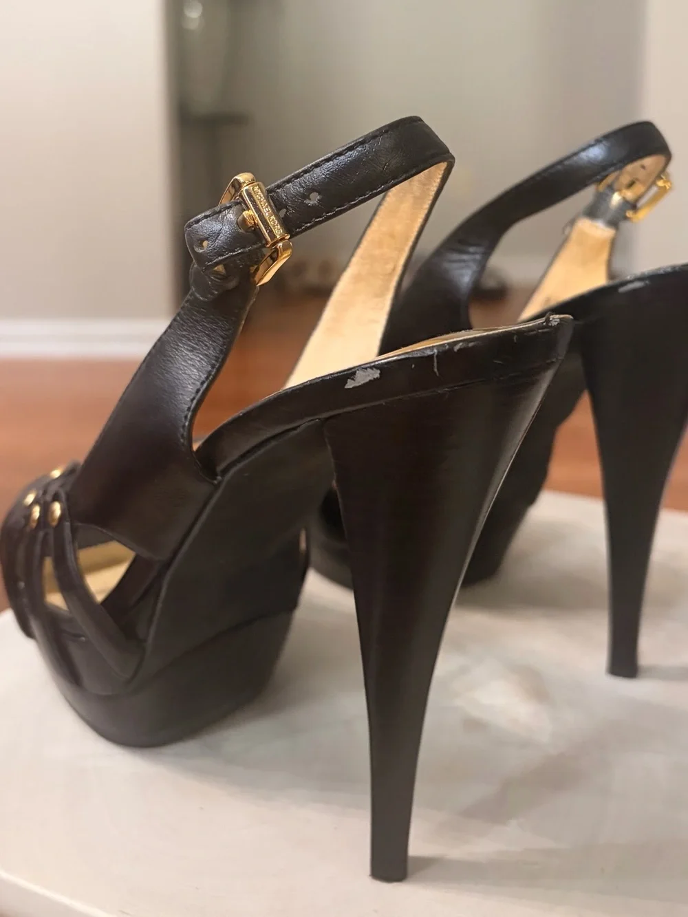 Michael Kors Black Leather Platform Slingback Sandals with Gold Insole